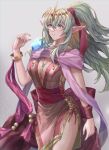  1girl absurdres bangs bracelet breasts cleavage commentary_request cowboy_shot crown dragonstone dress fire_emblem fire_emblem_awakening fire_emblem_heroes green_eyes green_hair grey_background hair_between_eyes hair_ribbon highres jewelry large_breasts long_hair official_alternate_costume parted_lips pink_dress pink_ribbon pink_scarf ponytail ribbon scarf short_dress simple_background sobasakuhin solo standing thighs tiki_(fire_emblem) wrist_ribbon 