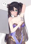  &gt;_&lt; 1girl ;&lt; aqua_eyes arm_behind_head arm_up armpit_crease armpits bangs bare_arms bare_shoulders black_choker black_hair black_ribbon blush bodystocking bodysuit bodysuit_under_clothes breasts brown_pantyhose choker cleavage collarbone foam genshin_impact gold_trim green_eyes groin hair_between_eyes hair_ribbon highres indoors leotard long_hair looking_at_viewer mona_(genshin_impact) no_headwear one_eye_closed pantyhose purple_leotard raised_eyebrows razor ribbon shaving_armpits shaving_cream small_breasts solo speech_bubble spoken_emoticon standing star_(symbol) star_choker strapless strapless_leotard twintails upper_body very_long_hair yuia 