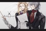  2019 2boys antonio_salieri_(fate) antonio_salieri_(fgo_orchestra)_(fate) antonio_salieri_(second_ascension)_(fate) ascot baton_(conducting) black_gloves blonde_hair brooch curly_hair erm_(doubledream) fate/grand_order fate_(series) formal gloves green_eyes grey_hair hair_between_eyes half_updo hand_on_another&#039;s_shoulder highres holding holding_paper jewelry letterboxed long_hair long_sleeves looking_at_viewer male_focus multiple_boys one_eye_closed paper pinstripe_pattern pinstripe_vest red_ascot red_eyes smile striped suit vest white_gloves wolfgang_amadeus_mozart_(fate) wolfgang_amadeus_mozart_(fgo_orchestra)_(fate) 