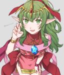  1girl bare_shoulders bridal_gauntlets dragonstone dress fire_emblem fire_emblem:_mystery_of_the_emblem fire_emblem_awakening fire_emblem_heroes foreshortening green_eyes green_hair grey_background hair_ornament highres jewelry long_hair necklace official_alternate_costume peach11_01 pink_dress pointy_ears ponytail short_dress side_slit sleeveless sleeveless_dress solo stone tiara tiki_(fire_emblem) twitter_username 