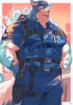  1boy animal_ears animal_nose bara belt blue_fur blush chest_harness closed_eyes cloud cloudy_sky collared_shirt commentary_request cowboy_shot furry furry_male halo harness hat highres hot large_pectorals male_focus muscular muscular_male oguchi_magami pectorals police police_uniform policeman sawch_cls shirt sky snout solo sweat tail tokyo_afterschool_summoners tongue tongue_out uniform white_fur wolf_boy wolf_ears wolf_tail 