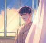  1boy buttons chromatic_aberration cloud commentary curtains day dok-ja_kim english_commentary highres hospital_gown indoors looking_at_viewer male_focus omniscient_reader&#039;s_viewpoint open_mouth purple_hair short_hair smile solo taozi_tea twitter_username upper_body window 