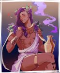  1boy alcohol blush cape chalice cup dark-skinned_male dark_skin dionysus_(hades) facial_hair food fruit gradient gradient_background grapes grin hades_(game) heart highres holding holding_cup laurel_crown long_hair low-tied_long_hair low_tied_hair male_focus pectorals purple_hair shadowlll2 smile smoke_trail solo stubble thigh_strap toga wine 