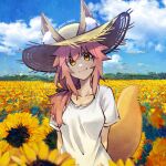  021_shiro 1girl absurdres animal_ear_fluff animal_ears artist_name blush breasts cleavage cloud cloudy_sky collarbone fang fate/grand_order fate_(series) flower fox_ears fox_girl fox_tail hat highres large_breasts long_hair looking_at_viewer nature outdoors pink_hair shirt skin_fang sky solo straw_hat sun_hat sunflower t-shirt tail tamamo_(fate) tamamo_no_mae_(swimsuit_lancer)_(fate) tamamo_no_mae_(swimsuit_lancer)_(first_ascension)_(fate) 