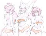  3girls alternate_costume amy_rose animal_ears annoyed ass bangs blaze_the_cat blush breasts cat_ears cat_girl cat_tail cleavage closed_mouth collarbone from_behind green_eyes hedgehog_ears hedgehog_girl highres hooters humanization large_breasts looking_at_viewer medium_breasts micro_shorts multiple_girls navel orange_shorts parted_bangs pink_hair red_eyes rouge_the_bat short_hair shorts sketch smile sonic_(series) tabletorgy tail 