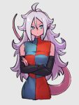  1girl black_sleeves blue_eyes breasts character_request checkered_clothes checkered_dress closed_mouth colored_skin crossed_arms detached_sleeves dragon_ball dragon_ball_fighterz dress grey_background hair_between_eyes kemachiku long_hair medium_breasts pink_skin pointy_ears simple_background solo tail white_hair 