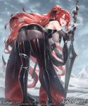  1girl bangs bare_shoulders black_dress boots cuboon dress elbow_gloves evertale gloves highres lips loincloth long_hair official_art red_hair revealing_clothes shiny shiny_clothes shiny_hair short_dress simple_background skin_tight sleeveless solo thigh_boots very_long_hair yellow_eyes 