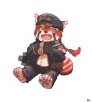  1boy animal_ears braid brown_fur camera full_body furry furry_male gakuran hat highres male_focus multicolored_eyes multicolored_fur open_mouth paw_print rainbow_eyes red_fur red_panda_boy red_panda_ears red_panda_tail sawch_cls school_uniform shirt smile solo thick_eyebrows tokyo_afterschool_summoners tupet white_background white_fur white_shirt zhurong_(housamo) 
