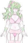  1girl ass_visible_through_thighs blush bra breasts cleavage closed_mouth colored_pencil fire_emblem fire_emblem_awakening garter_belt green_eyes green_hair highres large_breasts lips looking_at_viewer navel panties pencil pointy_ears red_bra red_panties sidelocks sketch smile solo tabletorgy tiki_(fire_emblem) underwear 