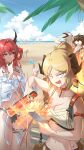  6+girls :d absurdres arknights beach bikini blonde_hair blue_sky brown_hair ch&#039;en_(arknights) ch&#039;en_the_holungday_(arknights) cloud commentary_request day fire flame glasses hair_bun hair_intakes hair_rings hengxing_v highres holding horns hoshiguma_(arknights) ifrit_(arknights) ifrit_(sunburn)_(arknights) lin_yuhsia_(arknights) multiple_girls navel ocean open_mouth outdoors purple_eyes red_hair round_eyewear sarashi saria_(arknights) silence_(arknights) sky smile stomach surtr_(arknights) surtr_(colorful_wonderland)_(arknights) swimsuit swire_(arknights) v-shaped_eyebrows water white_bikini white_hair 