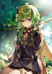  1girl absurdres ahoge arm_up bangs blurry blurry_background blush bridal_gauntlets brown_scarf capelet closed_mouth collei_(genshin_impact) crossed_bangs depth_of_field earrings eyelashes genshin_impact gloves green_capelet green_hair guzangnanfeng hair_between_eyes hair_ornament highres jewelry light_smile long_hair long_sleeves looking_at_viewer puffy_sleeves purple_eyes scarf short_hair sidelocks single_earring smile solo tassel twitter_username 