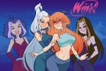  4girls armlet bloom_(winx_club) blue_dress blue_pants blue_tank_top blush brown_hair centurii-chan_(artist) collar copyright_name darcy_(winx_club) denim dress evil_smile eyeliner gloves hand_on_another&#039;s_arm hand_on_another&#039;s_head hands_on_hips highres icy_(winx_club) jeans jewelry long_hair makeup messy_hair multiple_girls orange_hair pants pink_dress pink_gloves ponytail purple_dress purple_gloves purple_hair ring sleeveless sleeveless_dress smile spiked_armlet spiked_collar spikes stormy_(winx_club) tank_top tearing_up very_long_hair white_hair winx_club yuri 