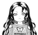  1girl bug butterfly clothes_writing clothing_cutout eyelashes frown greyscale long_hair looking_at_viewer monochrome mudou_eichi original shoulder_cutout simple_background sketch solo upper_body v-shaped_eyebrows wavy_hair 