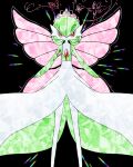  1girl bangs black_background bob_cut bug butterfly colored_skin commentary_request flat_chest gardevoir green_hair green_skin hair_between_eyes highres legs looking_at_viewer muguet multicolored_skin partial_commentary pink_headwear pink_wings pokemon pokemon_(creature) red_eyes short_hair solo standing straight-on tiara two-tone_skin white_skin wings 