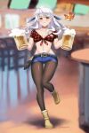  1girl alcohol alternate_costume artist_name ass_visible_through_thighs bangs bar bar_stool beer beer_mug belt bird black_pantyhose blurry blurry_background blush boots breasts brown_footwear burnt_green_tea character_name checkered_clothes checkered_shirt collarbone cropped_shirt cup denim denim_shorts drinking_glass fire_emblem fire_emblem:_radiant_dawn front-tie_top full_body grey_hair grin groin half_updo highres holding holding_cup leg_up long_hair looking_at_viewer lowleg lowleg_shorts medium_breasts micaiah_(fire_emblem) midriff mug navel notepad pantyhose pencil plaid plaid_shirt shirt short_shorts short_sleeves shorts signature smile solo sparkle stool tied_shirt twin_peaks yellow_eyes yune_(fire_emblem) 
