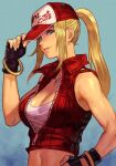  1girl adjusting_clothes adjusting_headwear bare_shoulders baseball_cap blonde_hair blue_background blue_eyes bracelet breasts cleavage collarbone cropped_jacket fatal_fury fingerless_gloves fingernails genderswap gloves hand_on_hip hand_up hat high_ponytail hungry_clicker jewelry lips long_hair looking_at_viewer medium_breasts midriff navel parted_lips ponytail shiny shiny_hair sidelocks simple_background sleeveless sleeveless_jacket smile snk_heroines:_tag_team_frenzy solo stomach terry_bogard the_king_of_fighters upper_body zipper zipper_pull_tab 