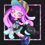  1girl absurdres aqua_eyes aqua_hair aqua_skirt baseball_cap black_background black_shirt blue_footwear blush bracelet chidori_100 clownfish colored_skin drooling eyelashes fish full_body gradient_hair gradient_skin harmony&#039;s_clownfish_(splatoon) harmony_(splatoon) hat highres jewelry long_hair miniskirt multicolored_clothes multicolored_hair multicolored_headwear multicolored_skin no_eyebrows no_nose open_mouth pink_hair pink_pupils pink_skin pleated_skirt shirt shoes short_sleeves sideways_hat skirt sneakers splatoon_(series) striped striped_headwear tentacle_hair two-tone_hair two-tone_skin 