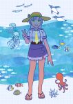  1girl bird fish full_body green_eyes grey_hair hat highres jellyfish kantai_collection kinugasa_(kancolle) looking_at_viewer medium_hair necktie octopus ojipon penguin pleated_skirt purple_sailor_collar purple_skirt sailor_collar sandals school_uniform serafuku skirt solo standing sun_hat v yellow_necktie 