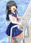  1girl barefoot black_hair blue_sailor_collar blue_skirt commentary_request green_eyes ken&#039;ichi_(silvian125jp) long_hair looking_at_viewer neckerchief open_mouth pleated_skirt pool pool_ladder poolside red_neckerchief sailor_collar sakugawa_school_uniform saten_ruiko school_uniform serafuku skirt smile solo toaru_kagaku_no_railgun toaru_majutsu_no_index water wet wet_clothes 