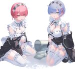  2girls bangs bare_shoulders black_dress blue_eyes blue_hair breasts bucket cleavage detached_sleeves dress garter_straps highres large_breasts long_sleeves looking_at_viewer maid_headdress medium_breasts multiple_girls parted_lips pink_eyes pink_hair ram_(re:zero) re:zero_kara_hajimeru_isekai_seikatsu rem_(re:zero) seiza short_hair siblings simple_background sisters sitting thighhighs thighs wet wet_clothes white_background white_thighhighs yaoku 