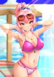  1girl absurdres arms_behind_head bikini blue_sky blurry blurry_background bracelet breasts cleavage cloud contrapposto cowboy_shot day eyewear_on_head highres idolmaster idolmaster_cinderella_girls jewelry jougasaki_mika large_breasts lens_flare looking_at_viewer necklace outdoors pink_bikini pink_hair ponytail sky solo sunglasses swimsuit tanjunde yellow_eyes 