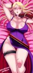  1girl belt blonde_hair blue_eyes blush breasts breasts_apart choker dkstudios05 dress fatal_fury fingerless_gloves flower_tattoo garou:_mark_of_the_wolves gloves highres jenet_behrn large_breasts long_hair looking_at_viewer one_eye_closed panties purple_choker purple_dress red_gloves red_panties ringlets shiny shiny_skin snk solo tattoo thigh_strap two-tone_dress underwear 
