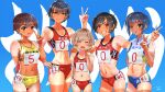  5girls :d ^_^ ^o^ abs absurdres arm_behind_back background_text black_eyes black_hair blue_background breasts brown_eyes brown_hair closed_eyes commentary dark_skin flat_chest grin hair_ornament hairclip hand_on_hip height_difference highres iwakura_mayu kilesha logo looking_at_viewer milestone_celebration mole mole_under_eye multiple_girls muscular muscular_female nagabuchi_shuuko navel open_mouth original parted_lips short_hair simple_background small_breasts smile sports_bikini standing tan tanlines thank_you tomboy track_uniform translated v 