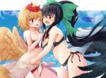  2girls ;o animal_on_head beach bikini bird bird_on_head bird_wings black_hair black_wings blonde_hair blue_sky bow breasts cape chick cleavage cloud cowboy_shot feathered_wings from_side green_bow hair_bow jyaoh0731 large_breasts long_hair looking_at_another multicolored_hair multiple_girls navel niwatari_kutaka on_head one_eye_closed orange_bikini outdoors ponytail red_eyes red_hair reiuji_utsuho sarong short_hair sky smile standing swimsuit third_eye touhou two-tone_hair white_bikini white_cape wings yellow_wings 