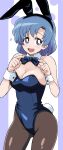  1girl adjusting_bowtie animal_ears bangs bishoujo_senshi_sailor_moon black_pantyhose blue_bow blue_bowtie blue_eyes blue_hair blue_leotard bow bowtie breasts bright_pupils cleavage commentary cowboy_shot detached_collar fake_animal_ears fake_tail highres leotard looking_at_viewer medium_breasts mizuno_ami open_mouth pantyhose playboy_bunny ponzu_rui rabbit_ears rabbit_tail short_hair smile solo standing strapless strapless_leotard tail white_pupils wrist_cuffs 