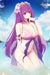  1girl bikini blue_sky bracelet brooch cloud cloudy_sky davanchiart day fate/grand_order fate_(series) heart_brooch highres horizon jewelry kneeling long_hair looking_at_viewer mountainous_horizon ocean outdoors partially_submerged pink_bikini purple_hair red_eyes ribbon scathach_skadi_(swimsuit_ruler)_(fate) see-through sky smile solo swimsuit veil water 