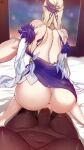  1girl 1other absurdres anus ass backboob backless_dress backless_outfit bare_shoulders bed_sheet bedroom birthday blue_dress blur_censor breasts censored clothed_sex dark-skinned_female dark_skin doggystyle dress erection from_behind futa_with_female futanari genshin_impact hair_ornament highres kairos+ large_breasts long_hair ningguang_(genshin_impact) ningguang_(orchid&#039;s_evening_gown)_(genshin_impact) nipples on_bed outstretched_arm penis sideboob sweat white_hair window 