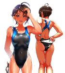  1girl adjusting_clothes adjusting_swimsuit ahoge ass back_cutout bangs black_hair black_one-piece_swimsuit blue_eyes clothing_cutout commentary_request competition_swimsuit covered_navel cowboy_shot goggles goggles_removed hand_in_own_hair highleg highleg_swimsuit highres holding holding_goggles kilesha logo looking_at_viewer mole mole_under_eye multiple_views one-piece_swimsuit original short_hair simple_background smile standing swept_bangs swim_cap swim_cap_removed swimsuit tan tanlines water_drop wet wet_hair white_background 