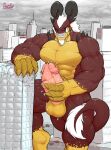  abs anthro biceps big_penis city city_destruction darkai destroyed_building dinosaur dromaeosaurid erection genitals grilder_(character) grin hand_on_building hand_on_penis hi_res horn huge_penis hyper hyper_genitalia hyper_penis macro male muscular muscular_anthro muscular_male muscular_thighs pecs penis reptile scalie smile solo spikes theropod 