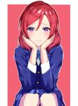  1girl :&gt; blue_jacket blue_skirt blush commentary hands_on_own_cheeks hands_on_own_face head_rest highres jacket looking_at_viewer love_live! love_live!_school_idol_project medium_hair miniskirt nishikino_maki otonokizaka_school_uniform outline purple_eyes red_background red_hair school_uniform simple_background single_bang sitting skirt solo supra_is_black_(altea) triangle_mouth white_outline winter_uniform 