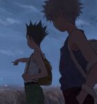  2boys backpack bag bird_wings blue_shirt child cloud cloudy_sky evening faceless faceless_male from_behind gon_freecss green_hair green_shorts hand_in_pocket highres hunter_x_hunter killua_zoldyck male_child male_focus multiple_boys outstretched_arm pointing shirt shorts sky spiked_hair tank_top toripippi_7 white_tank_top wings 