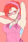  1girl armpits bandana breasts camisole closed_mouth collarbone devil_survivor glasses highres jewelry looking_at_viewer necklace orange_eyes red_hair short_hair simple_background solo star_(symbol) striped tanigawa_yuzu wuming 