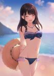  1girl ^_^ ^o^ absurdres arms_behind_back beach bikini black_hair blue_bikini blurry blurry_background blush breasts closed_eyes collarbone groin hat highres holding holding_clothes holding_hat holding_own_arm idolmaster idolmaster_shiny_colors kazano_hiori lens_flare light_particles medium_hair miyar2d2 navel outdoors small_breasts solo straw_hat swimsuit 