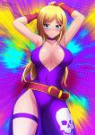  1girl absurdres bare_shoulders belt blonde_hair blue_eyes breasts choker cleavage dress fatal_fury fingerless_gloves garou:_mark_of_the_wolves gloves highres jenet_behrn jolly_roger large_breasts long_hair looking_at_viewer multicolored_background no_panties purple_choker purple_dress red_belt red_gloves ringlets skull_and_crossbones smile thigh_strap zel-sama 