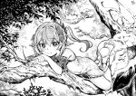  1girl absurdres bare_shoulders closed_mouth dress elf feet full_body genshin_impact hair_ornament highres looking_at_viewer lying monochrome nahida_(genshin_impact) on_stomach pointy_ears qingwa_chi_she soles toeless_footwear toes tree 