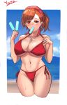  1girl artist_request bandana beach blush breasts cloud collarbone devil_survivor food highres ice_cream jewelry large_breasts looking_at_viewer navel necklace orange_hair red_eyes short_hair solo swimsuit tanigawa_yuzu water 