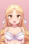  1girl bangs bare_shoulders blonde_hair blush bra breasts brown_eyes cleavage collarbone drill_hair flying_sweatdrops frilled_bra frills long_hair looking_at_viewer medium_breasts nikaidou_yuuga open_mouth parted_bangs pink_background simple_background solo starmine_(manga) stroma underwear underwear_only upper_body very_long_hair white_bra 