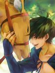  1boy ahoge animal ashitaka black_hair blue_shirt bridle closed_eyes dondokodondokodondon elk mononoke_hime outdoors reins shirt short_hair smile solo studio_ghibli tree yakuru 