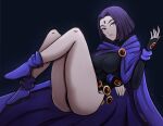  1girl bare_legs breasts cape closed_mouth colored_skin dc_comics forehead_jewel full_body grey_skin highres legs leotard looking_at_viewer omiza_somi purple_hair raven_(dc) short_hair teen_titans 