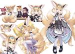  0_0 4girls ^_^ animal_ears arknights bare_shoulders black_footwear black_gloves black_jacket black_necktie blonde_hair blue_bow blue_dress blue_hairband blush book bow braid breasts brown_hair cat_ears cat_girl closed_eyes clothing_cutout collared_shirt dress earpiece eyepatch flying_sweatdrops fox_ears fox_tail full_body gloves green_eyes grey_hair hair_between_eyes hair_bow hair_ornament hairband hat hat_bow highres holding holding_book jacket kitsune long_hair long_sleeves lying medical_eyepatch mousse_(arknights) multicolored_hair multiple_girls multiple_tails multiple_views necktie no_shoes on_side open_book open_mouth oripathy_lesion_(arknights) pantyhose pink_bow pink_eyes pink_hair popukar_(arknights) purple_headwear purple_jacket shamare_(arknights) shirt shoes short_hair shoulder_cutout simple_background single_glove single_wrist_cuff skull_hair_ornament sleeping small_breasts smile standing suzuran_(arknights) tail twintails two-tone_dress white_background white_dress white_hair white_pantyhose white_shirt white_wrist_cuffs wrist_cuffs yoko2yuray 