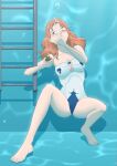  absurdres air_bubble annette_fantine_dominic asphyxiation bubble clock drowning feet fire_emblem fire_emblem:_three_houses highres holding_breath long_hair megagogoman one-piece_swimsuit one_eye_closed orange_hair pool swimsuit thighs underwater 