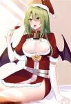  1girl alcohol bangs bed bed_sheet bell belt belt_buckle bow breasts buckle cleavage cup demon_wings drinking_glass elbow_gloves gloves green_bow green_eyes green_hair hair_between_eyes hat highres holding holding_cup kuroko_tori light_rays long_hair looking_at_viewer medium_breasts mima_(touhou) neck_bell open_mouth santa_costume santa_hat sitting solo spill thighs tongue tongue_out touhou wine wine_glass wings 