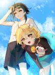  2boys :d absurdres aether_(genshin_impact) alternate_hairstyle arm_tattoo arm_up bangs bare_shoulders bent_over bishounen black_shirt black_shorts blonde_hair blue_sky braid braided_bun clam_shell cloud collarbone commentary_request day earrings eyelashes eyeshadow eyewear_removed facial_mark flower forehead_mark genshin_impact glint green_hair hair_between_eyes hair_bun hair_flower hair_ornament hand_up highres holding holding_shell innertube jewelry kuko_(geeeee_ss) long_sleeves looking_at_viewer looking_down makeup male_focus male_swimwear multiple_boys navel open_mouth outdoors parted_bangs parted_lips rash_guard red_eyeshadow seashell shell shirt short_hair_with_long_locks shorts single_earring sky smile standing stomach sunglasses swim_trunks tattoo teeth upper_teeth wet wet_hair white_flower xiao_(genshin_impact) yellow_eyes 