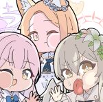  3girls against_fourth_wall animal_ear_fluff animal_ears bangs blue_archive blue_bow bow braid brown_eyes brown_hair capelet chibi commentary_request crown_braid dress flower forehead grey_flower grey_hair hair_between_eyes hair_flower hair_ornament halo looking_at_viewer mika_(blue_archive) multiple_girls nagisa_(blue_archive) nyaru_(nyaru_4126) pink_hair sailor_collar sailor_dress seia_(blue_archive) simple_background sleeveless sleeveless_dress sweat tongue tongue_out v-shaped_eyebrows white_background white_capelet white_dress white_sailor_collar 