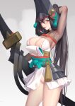  1girl absurdres arm_behind_head armpits breast_cutout brown_hair ezi greyscale hat highres long_hair miniskirt monochrome no_genitals onmyoji onmyouji skirt solo sweat sword tate_eboshi thighs upper_body weapon youtou_hime_(onmyoji) 