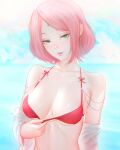  1girl bare_shoulders bikini boruto:_naruto_next_generations breasts collarbone commentary earrings english_commentary eyelashes facial_mark forehead_mark green_eyes haruno_sakura highres jewelry lips looking_at_viewer mcdobo medium_breasts naruto_(series) off_shoulder parted_lips pink_hair red_bikini shirt short_hair solo swimsuit symbol-only_commentary upper_body white_shirt 